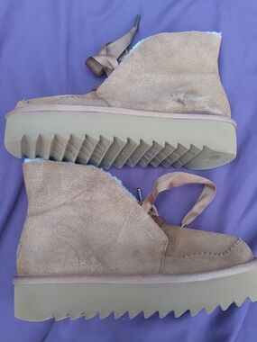 UGG Women's Suede Ankle Booties with Ribbon Laces in Taupe